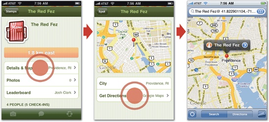 In Gowalla, when you find a "spot" that you want to visit (left), tapping "Details & Map" takes you to a screen with a map view showing the location (middle). For directions and other fancy features, the screen offers a Get Directions button, which passes you over to the Maps app (right).