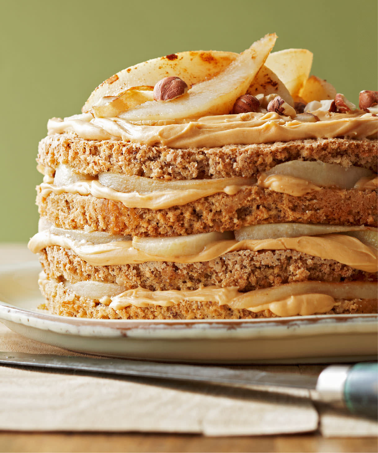 Hazelnut-Pear Torte with Dulce de Leche Filling