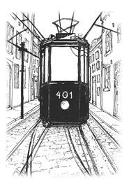 line illustration of the front of a streetcar/tram