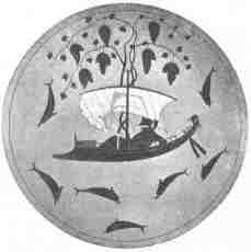 Dionysus sailing in his sacred ship. (Interior Design on a Kylix by Exekias in Munich.)