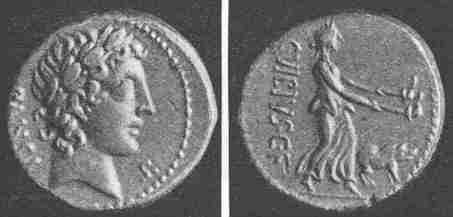 Silver denarius of C. Vibius Pansa (about 90 B.C.). Obv. Head of Apollo. Rev. Demeter searching for Persephone