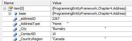 The first column of each DbDataRecord result, which contains an Address entity
