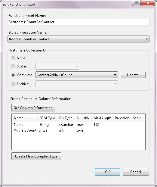Creating a complex type on the fly from a stored procedure