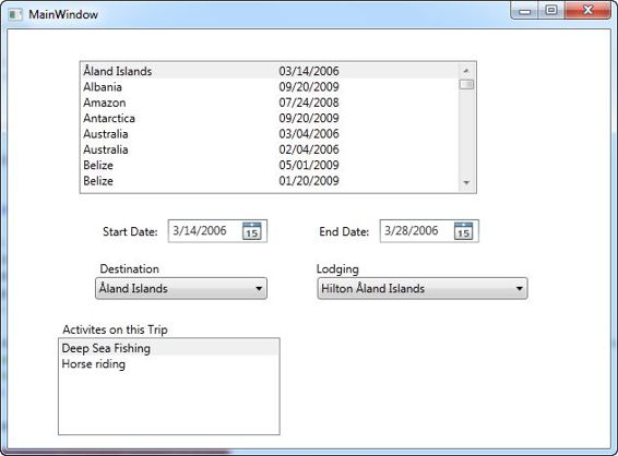 The WPF window with the Activities ListBox displaying an EntityCollection
