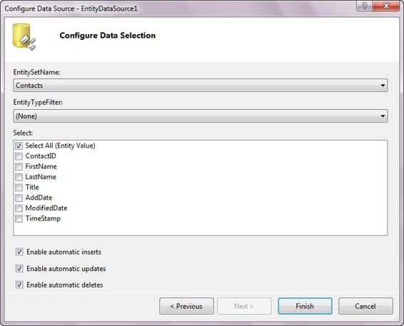 Configuring the EntityDataSource to use the Customer entity type, and selecting all properties so that you can perform inserts, updates, and deletes
