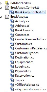 The two templates added by the ADO.NET POCO Entity Generator and their generated classes