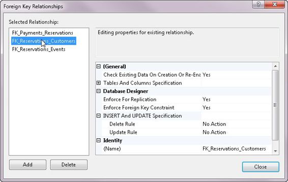 SQL Server Management Studio’s property editor for defining a relationship between tables