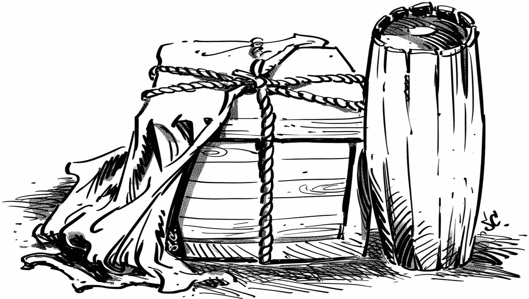 A barrel standing next to a crate.