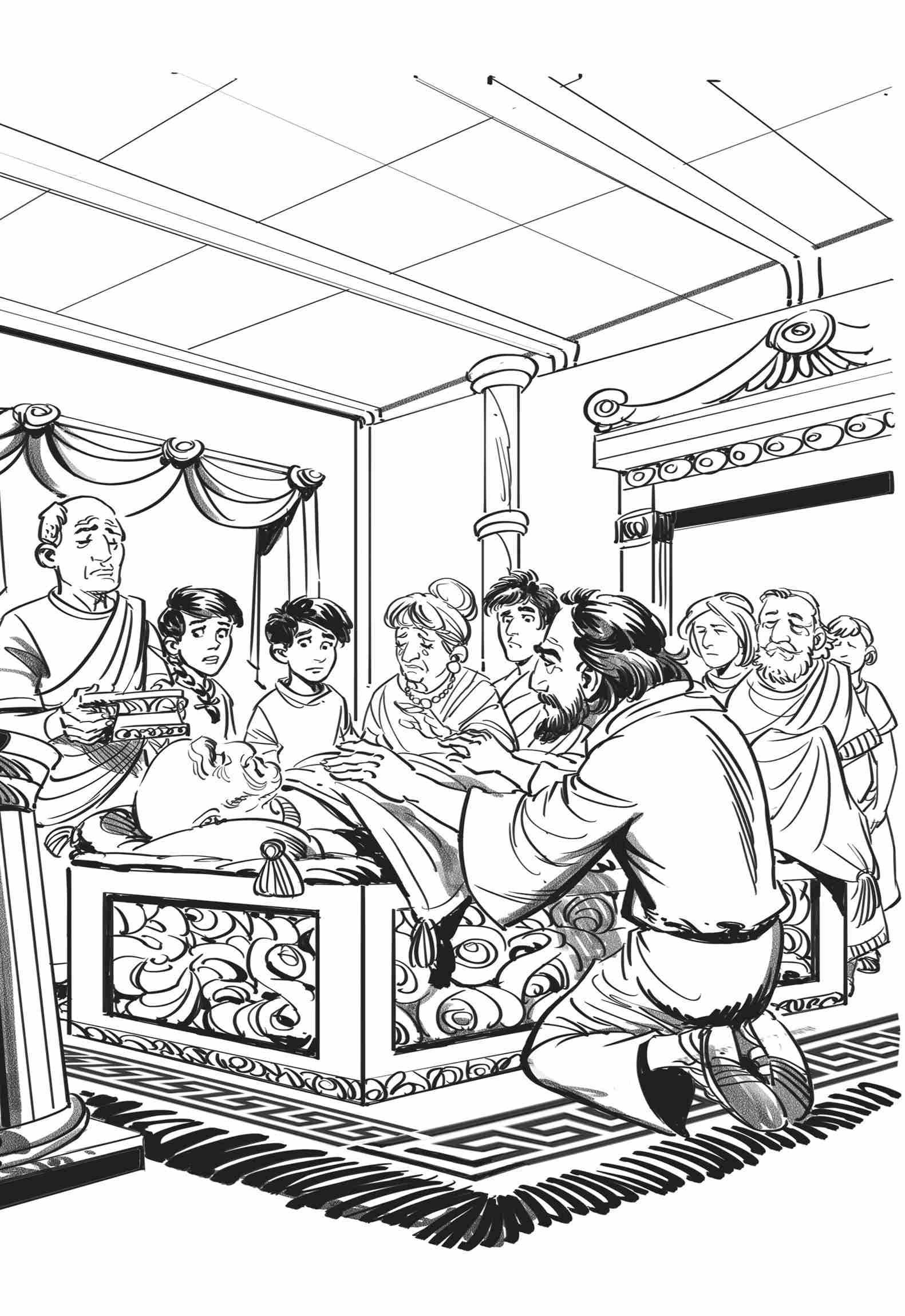 Paul kneeling to pray beside the bed of Publius's sick father. Paul's hands are hovering over the man. Publius, Patrick, Beth, and the other guests are standing around the bed in the ornate room with looks of concern and sadness.