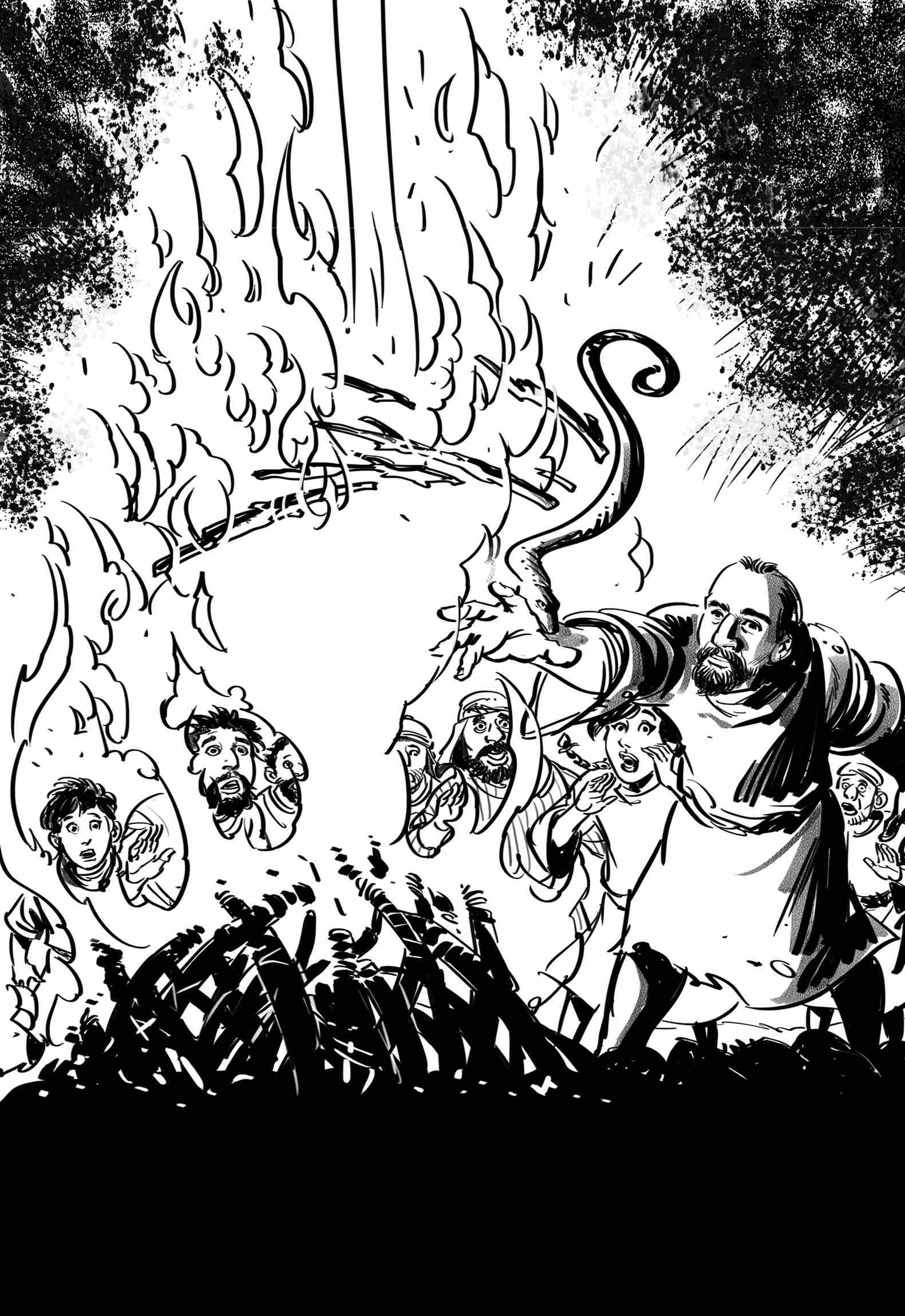 A viper has latched onto Paul's hand, its body flinging into the air as Paul throws burning sticks into the fire. The onlookers behind him watch in shock.