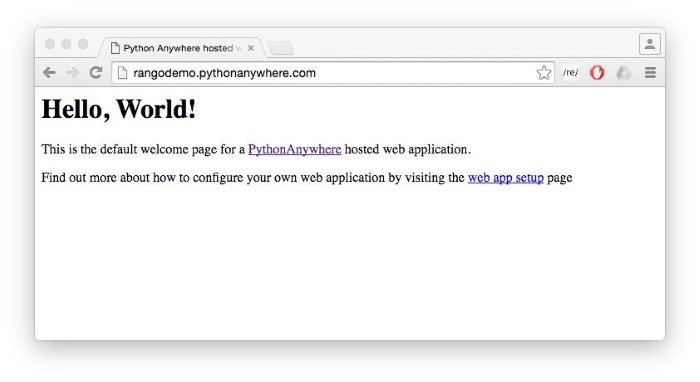 The default PythonAnywhere *hello world* webpage.
