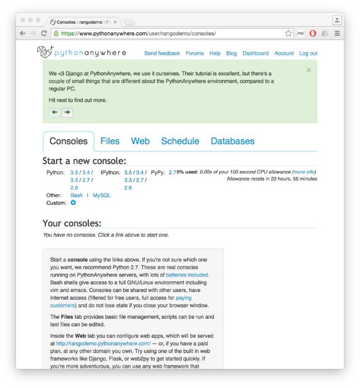 The PythonAnywhere dashboard, showing the *Consoles* tab.