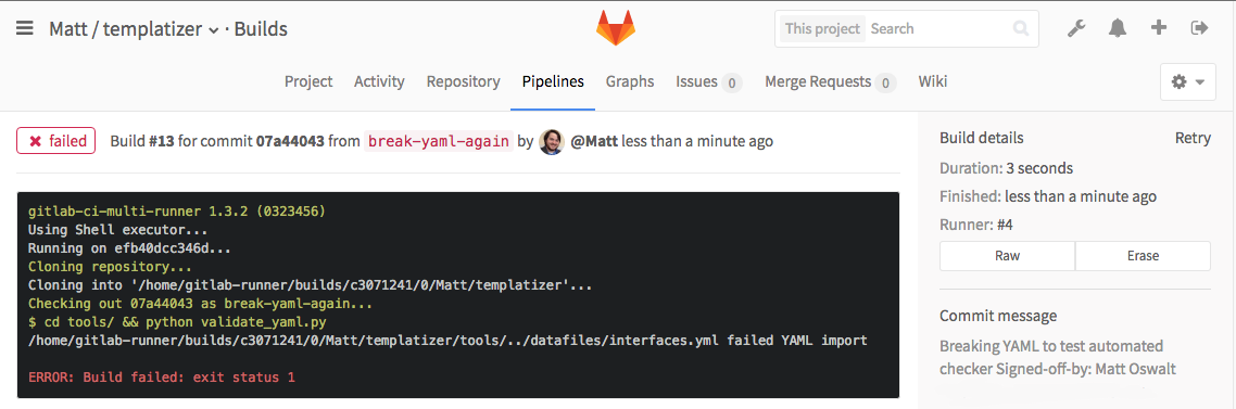 YAML validation script output