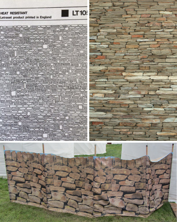 (Left) Sample image of a Letratone dry-transfer pattern of a wall traditionally used in graphic rendering. (Right) An irregular pattern of a dry stone-wall. (Below) A windbreak using a dry stone-wall repeat pattern, note how the pattern is repeated for each panel.