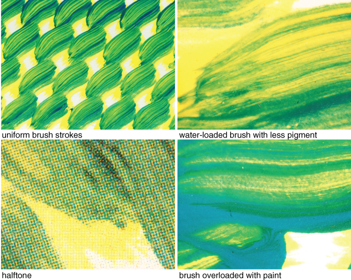 Images of turquoise-blue brush stroke over yellow uniform brush strokes, a water-loaded brush with less pigment brush overloaded with paint, halftone at 40x magnification.