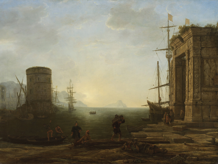 Illustration of a painting by Claude Lorrain, 'Harbour at Sunrise' (c. 1637-1638) oil painting on canvas (74 cm x 98.3 cm).