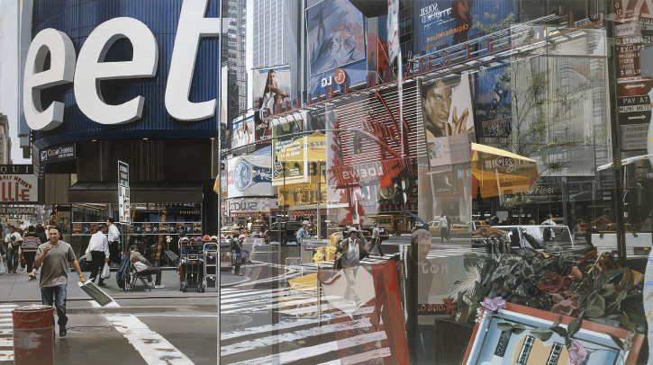 Illustration of a painting by Richard Estes, Times Square (2004), oil painting on canvas, (94 cm x 163 cm), from a private collection. 