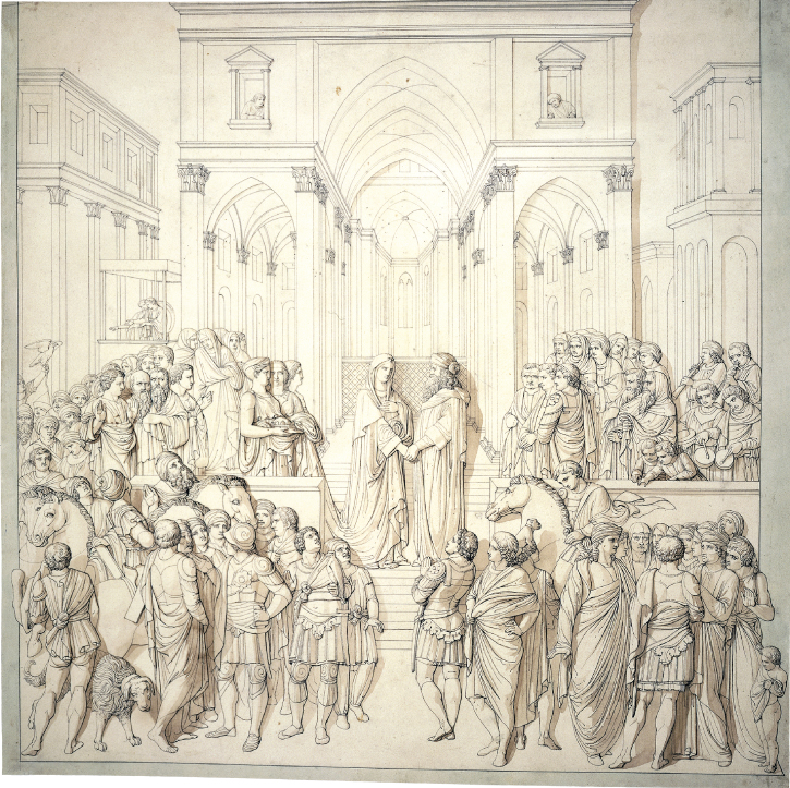 Illustration of a drawing by Fedor Ivanovich Kalmyck (1763-1832) after Lorenzo Ghiberti, 'The Queen of Sheba before King Solomon', c.1798, British Museum, London. 