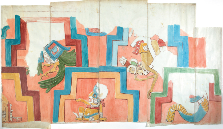 Drawing by Adela Breton, 'Acancéh Frieze', Panels 17-21 watercolour on paper (2130 mm x 1100 mm). 