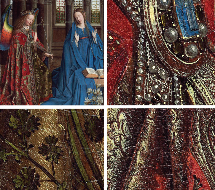 Paintings by Jan van Eyck, (c.1390-1441) 'The Annunciation', oil on canvas transferred from panel painted surface (90.2 cm x 34.1 cm), Andrew W. Mellon Collection. 