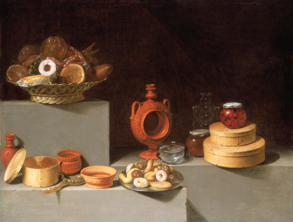 Painting by Juan van der Hamen y LeÓn (1596-1631) 'Still Life with Sweets and Pottery' (1627) oil on canvas, (84.5 cm x 112.7 cm) Samuel H. Kress Collection.