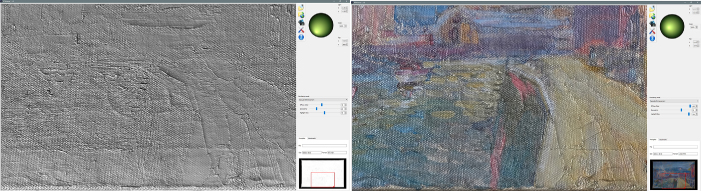 Image of greyscale RTI generated from a number of shaded renders lit from different directions (left). Image of colour RTI generated after registration and substitution of the colour channels from the shaded renders with the colour image of the painting (right).