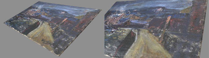 Images showing the render of the 3D model of the painting (left) and detail of the 3D model of the painting (right).