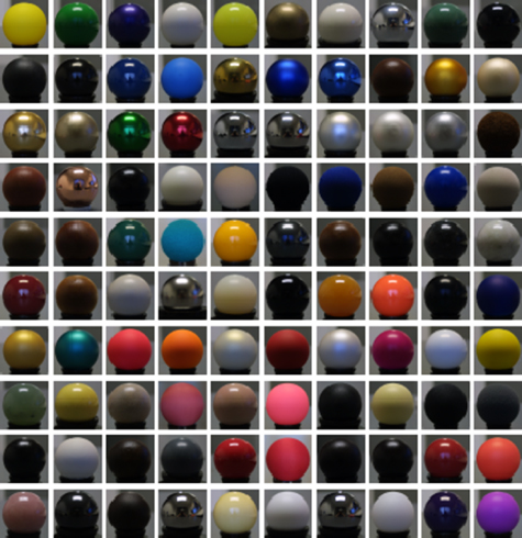 Illustration of MERL-BRDF database samples.  It contains material reflectance properties of 100 materials. Each reflectance function is stored as a densely measured Bidirectional Reflectance Distribution Function (BRDF). Only isotropic materials were considered.