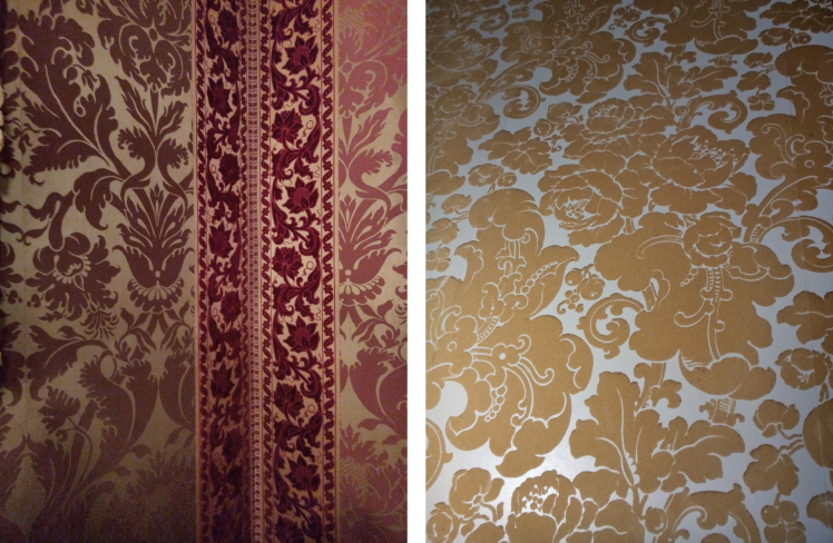 Photograph of a coloured and gold woven damask fabric that is applied to the wall.; Photograph of a gold flock fabric wallpaper depicting a flowery pattern. 