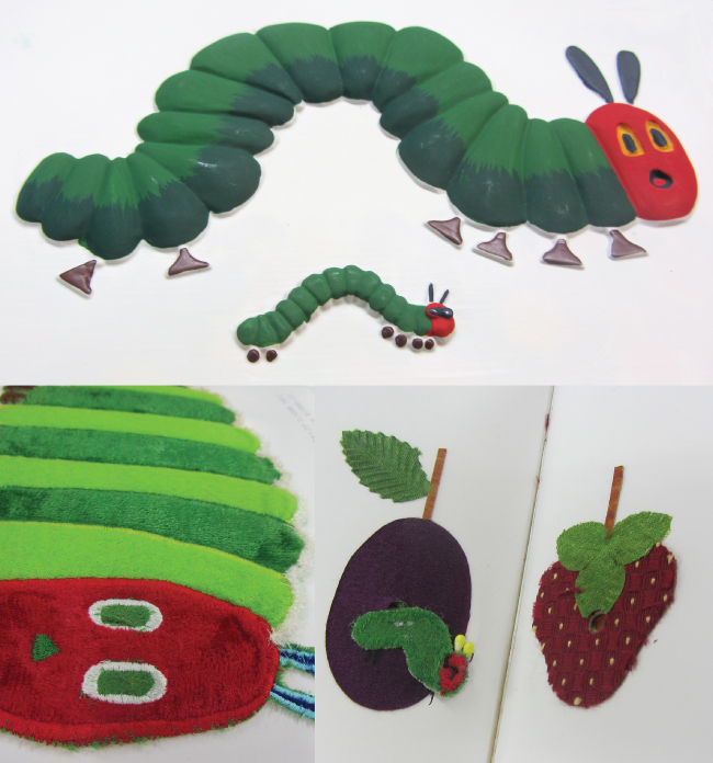 Images of (top) a thermo plastic vacuumed formed caterpillar which shows how the caterpillar has increased in size, compared to a soft velvet caterpillar and machine embroidered motifs of fruit (bottom).