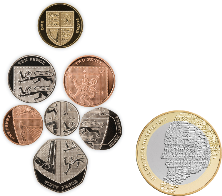 Images of coins of different values of the UK government, New Reverses (2005-2008).; Image of a two-pound coin marking the 200th birth anniversary of Charles Dickens (2010-2012). 