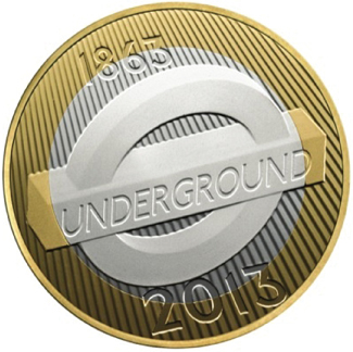 Illustration of the geometric design of a two-pound coin designed by Edwina Ellis which shows the London Underground logo.