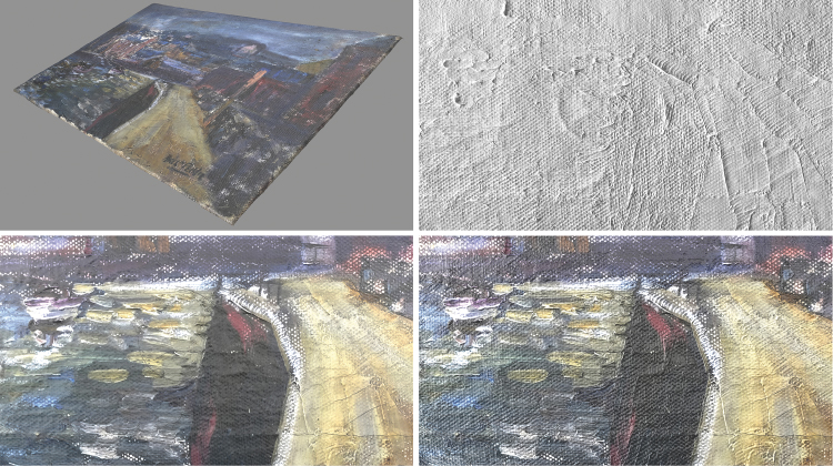 Images showing a complete render of the 3D model of the painting (top left), a detail of the painting showing a greyscale render of the 3D model with the normal map (top right), a render of the 3D model without the normal map but with the colour image (bottom left) and a render of the 3D model with the normal map and the colour image (bottom right).