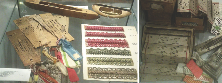 Photograph showing samples produced on a Jacquard machine at La Fonderie, Brussels Museum of Industry and Labour. 