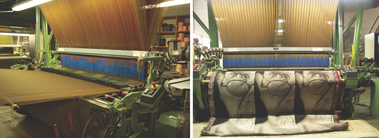 Photographs showing (left) 17,000 warp threads and lifters (right) testing different greyscales of a woven portrait of Chuck Close at a mill in Belgium.