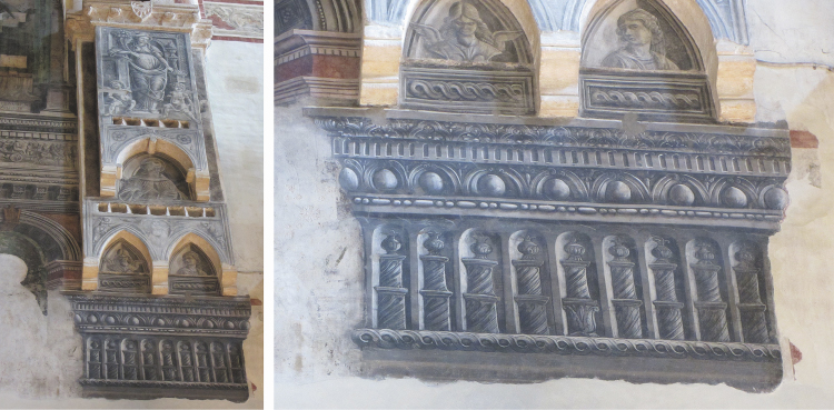 Photograph of sculptural images in the Church of St Anastasia, Verona. The artist has combined sculptural relief and trompe l'oeil grissaille paintings. 