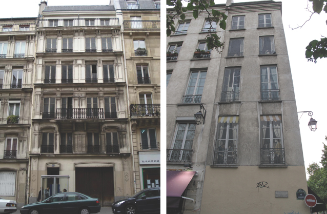 Photograph of a tall building in a street in Paris with concealed ventilation shafts belonging to the metro.; Photograph of the same tall building with concealed ventilation shafts, but the exterior walls are painted to resemble the other windows in the street. 