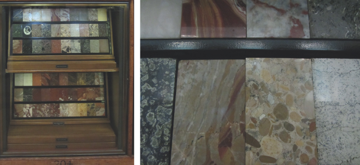 Photograph of the samples of different kinds of marbles present in the Kings Gallery, British Museum in London.; Photograph of the extended image highlighting the designs of the different kinds of marble samples.