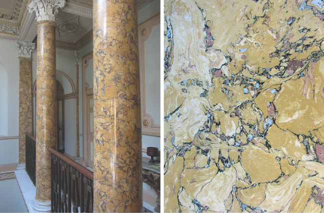 (Left) Photograph of the columns around the first floor staircase in Berrington Hall, Herefordshire. The plaster colour was mixed to resemble marble from Sienna. (Right) Flat panel of Scagliola showing the small marble chips and the base colour.