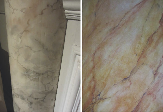 Image of a painted column in Dyrham Park, Bath (left) and painted panelling in Avebury Manor, Wiltshire (right). 