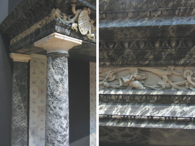 Photo images showing a combination of original delft blue tiles and marble columns with painted sections to recreate a fireplace.   The pediment and the flattened column against the wall have been painted to look like the marble column.