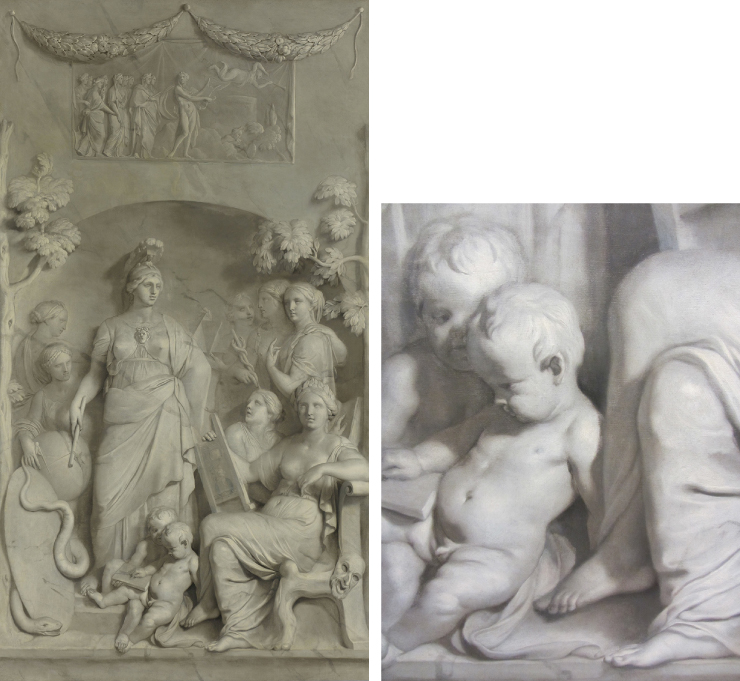 Images of sculptures Gerard de Lairesse (1641-1711) 'The Allegory of the Sciences', oil painting on canvas.; Picture of the detailed images of the bottom part of the painting presenting a clear image.