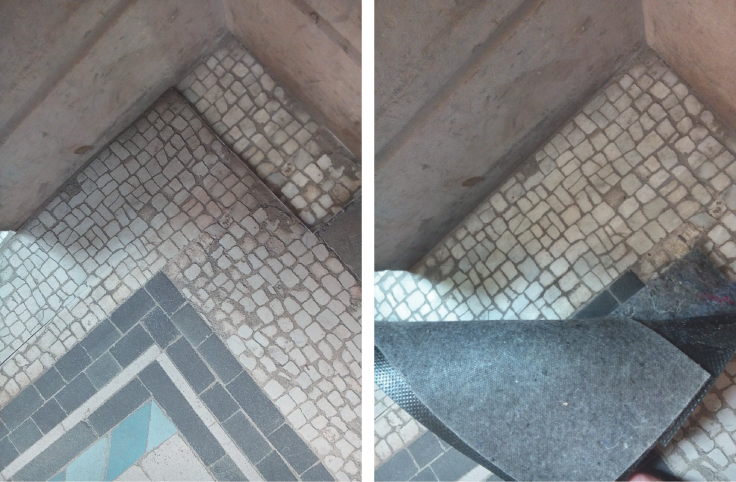 Photograph of an eyemat covering a mosaic floor at a Church.; Photograph of the actual mosaic floor highlighting the detailed design of the mosaic tiles.