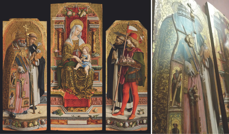 Paintings of (left) 'Triptych of the Virgin and Child with Saints Peter and Paul' by Carlo Crivelli. (right) The surface relief is captured at an angle, showing the detailed pastiglia elements of Saint Peter. 