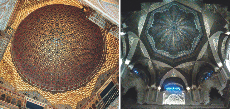 Images of (left) the stunning gold ceiling of Alcazar in Seville and (right) Dome of Mezquita-Catedral, the Great Mosque of Cordoba (gold ceiling of Alcazar).