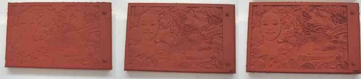 Images showing Peter McCallion's silicone printing plates in preparation for wet-on-wet gelatine three-colour printing. 