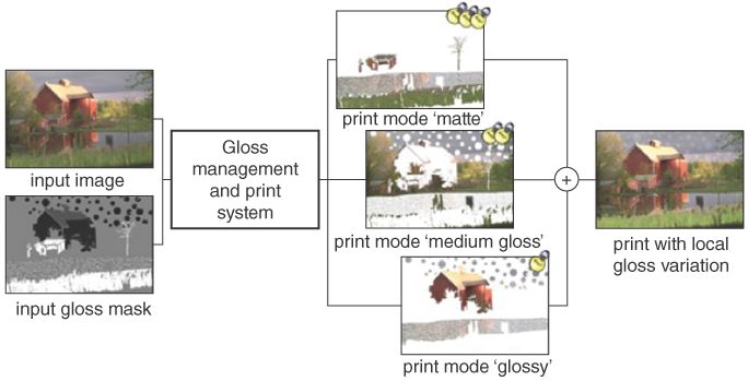 Images of gloss management workflow to obtain a print with local gloss variations. The input contains local colour and gloss information. The content of each intended gloss level is printed with a corresponding print mode determined by the gloss management workflow. The outcome is a print that presents different levels of gloss.