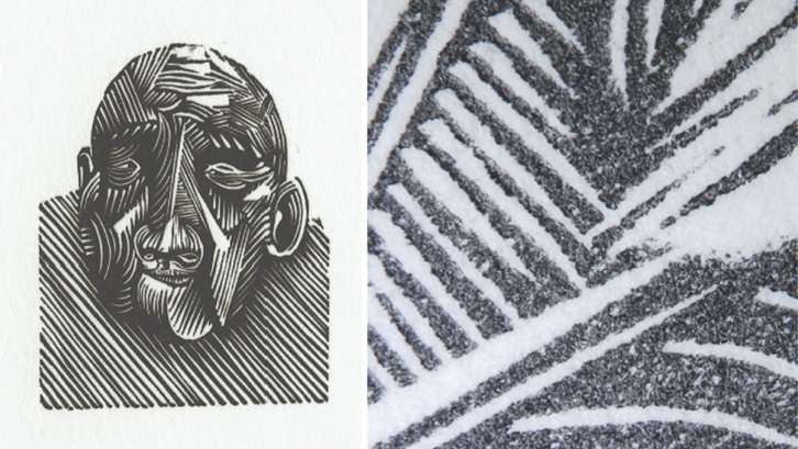 Image of a wood engraving by Ben Goodman (2015), and the detailed image on the right.