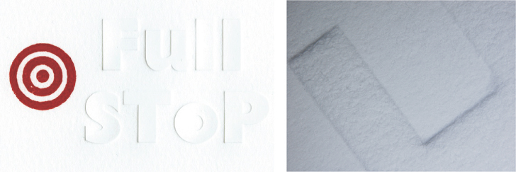 Image of 'Full Stop' (2014), blind emboss and relief print by Cath Ingram, and the detailed image on the right.