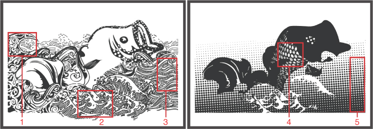 Test image, showing the separate layers: (left) top layer and (right) bottom layer, along with numbered sections for comparison between prints. 